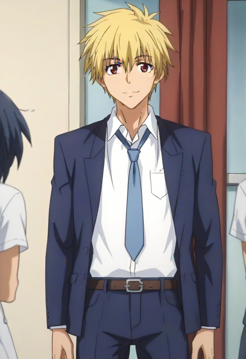 ((masterpiece)), ((best quality)), ((ultra-detailed)), score_9_up, score_8_up, score_7_up, HD, top quality, best quality, High-quality illustrations, anime screencap, perfect anatomy, 1male, 1boy, solo male, male focus, anime, anime boy, male anime character, Kuuga Sakurai, blonde hair, red-brown eyes, easynegative, ng_deepnegative_v1_75t, neghands, handsome, attractive, cute, ((tall, tall body, tall height, lean body)), wearing white polo shirt, blue blazer, long light blue necktie, grey loose pants, front view, front shot, looking front at viewer, smiling, big smile, happy, cheerful, cowboy shot, head to hips shot