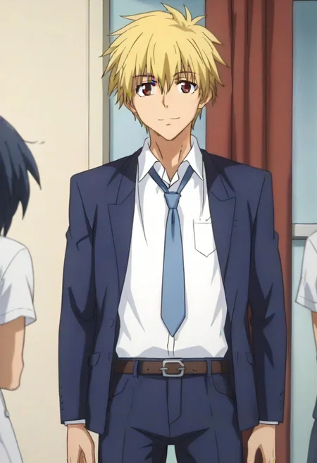 ((masterpiece)), ((best quality)), ((ultra-detailed)), score_9_up, score_8_up, score_7_up, HD, top quality, best quality, High-quality illustrations, anime screencap, perfect anatomy, 1male, 1boy, solo male, male focus, anime, anime boy, male anime character, Kuuga Sakurai, blonde hair, red-brown eyes, easynegative, ng_deepnegative_v1_75t, neghands, handsome, attractive, cute, ((tall, tall body, tall height, lean body)), wearing white polo shirt, blue blazer, long light blue necktie, grey loose pants, front view, front shot, looking front at viewer, smiling, big smile, happy, cheerful, cowboy shot, head to hips shot