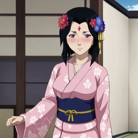 <lora:RavenDCMAU_pony_v1:.8>  RavenDCAMU, 1girl, solo, forehead jewel,  black hair, purple eyes, short hair, breasts, cowboy shot,, japanese clothes, kimono, hair ornament, blush, hair flower, pink kimono, sash, obi, floral print, wide sleeves