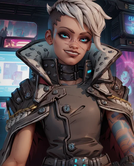 score_9,score_8_up,score_7_up,
Tyreen,white hair,blue eyes,two-tone hair,scar on face,undercut,eyebrow cut,smug, left arm tattoo,
fingerless gloves,sleeveless,belt,pants,collar,shirt,brown top,coat,
standing,upper body,
cyberpunk,tv show,
<lora:TyreenCalypso91:0.8>,