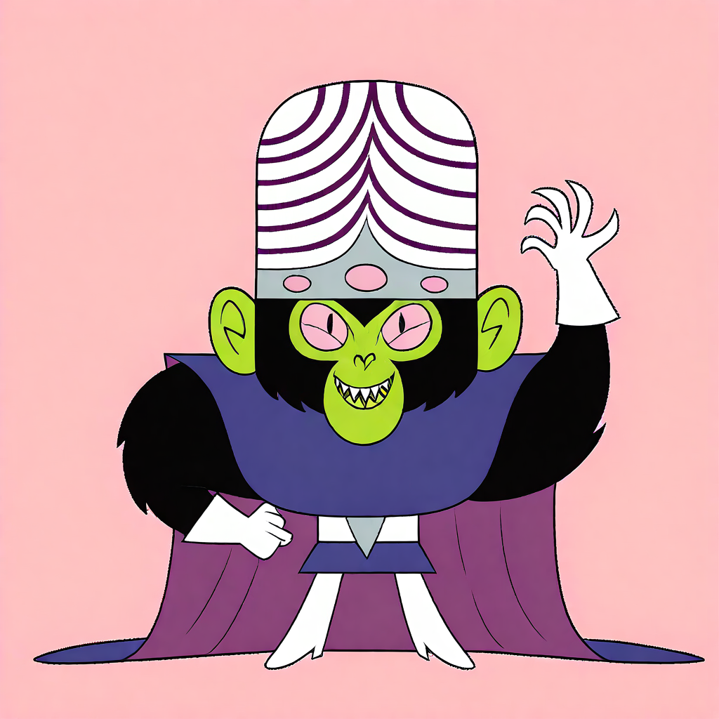 afro, pink background, cape, standing, green skin, transparent background, gloves, teeth, smile, purple cape, mojo jojo