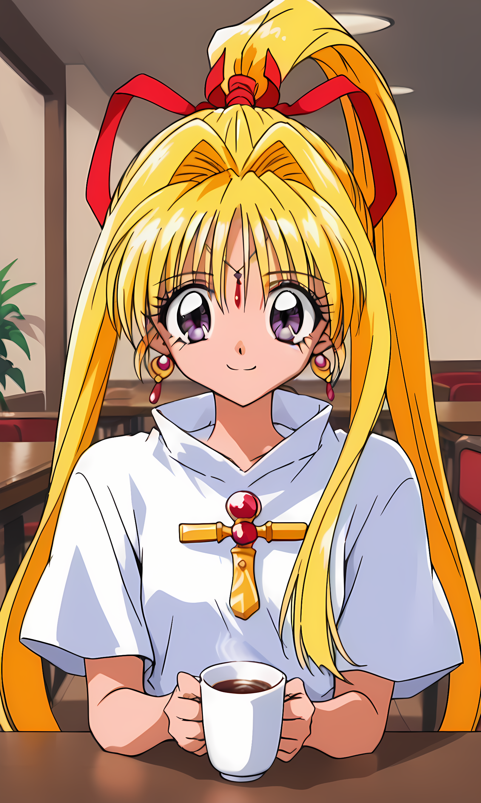 8k, best quality, solo, cute, score_9, score_8_up, score_7_up, 90s anime, masterpiece, source_anime, KKJs2, artist A style, purple eyes, forehead jewelry, blonde hair, very long hair, hair intakes with drill long sidelocks, one high drill ponytail at the back, white hair ribbon, earrings, (plain white outfit:1.3), (folded standing collar:1.2), white collar, (no shoulder decorations, no red ribbon decorations on shoulders:1.3), Loose waist, no red and yellow sash, no red rope with tassels, no large yellow bow, white side slit and long shirt tail, white short sleeves, no red accents on white short sleeves, no short red inner sleeves, cross ornament on chest, bare hands, sit on dining chair, next to dining table, holding hot cup, smile, upper body focus,  pov, 