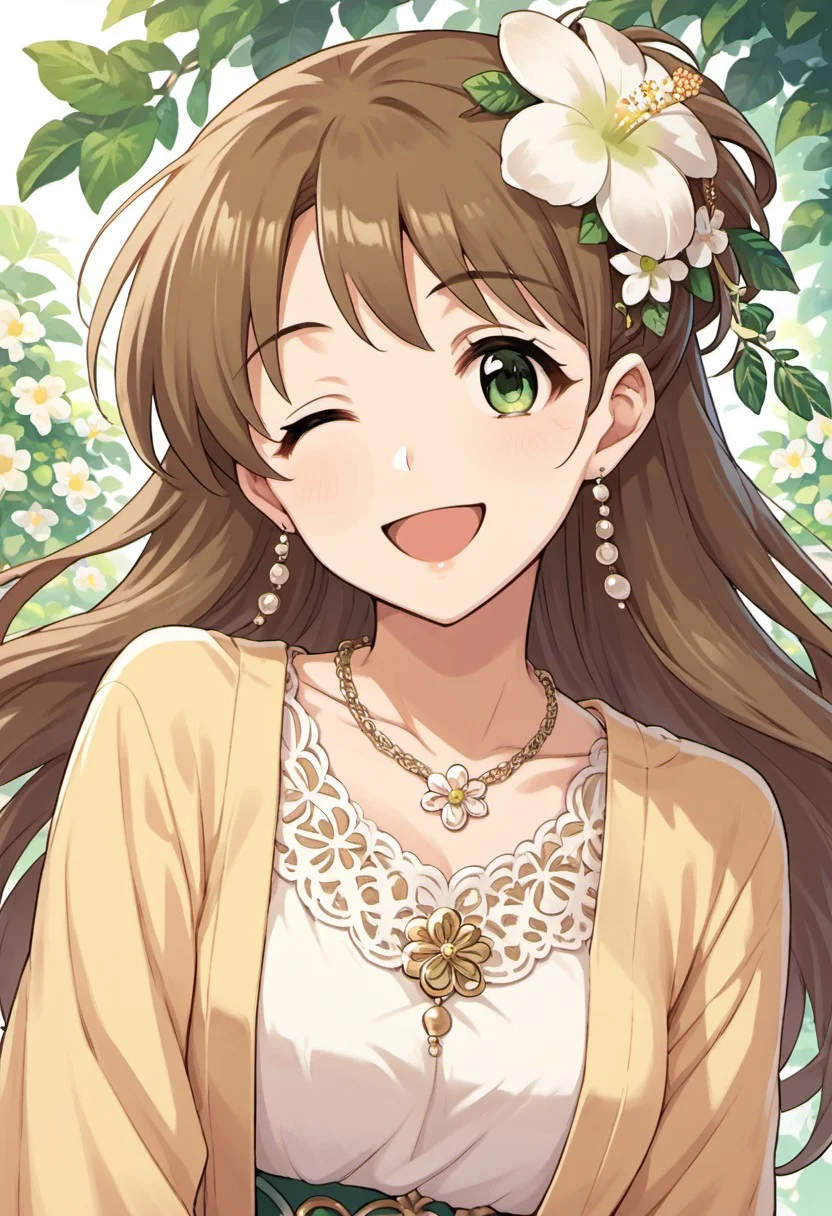 score_9, score_8_up, score_7_up, source_anime, makihara shiho, long hair, brown hair, green eyes, 1girl, solo, one eye closed, jewelry, open mouth, flower, hair flower, hair ornament, smile, necklace