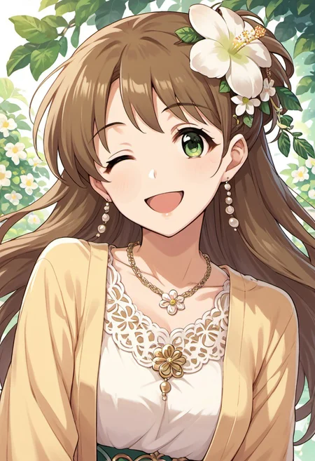score_9, score_8_up, score_7_up, source_anime, makihara shiho, long hair, brown hair, green eyes, 1girl, solo, one eye closed, jewelry, open mouth, flower, hair flower, hair ornament, smile, necklace