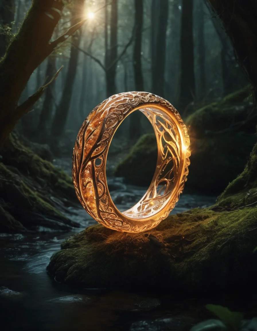 digital art, Elven ring with intricate design, luminescent, glowing, burning with fire magic, water, intricately detailed, J.R.R. Tolkien's Middle-earth, dark spring forest at night background, in deep shadows, grandiose design, volumetric lighting, strong rim light, radiant light, refraction,