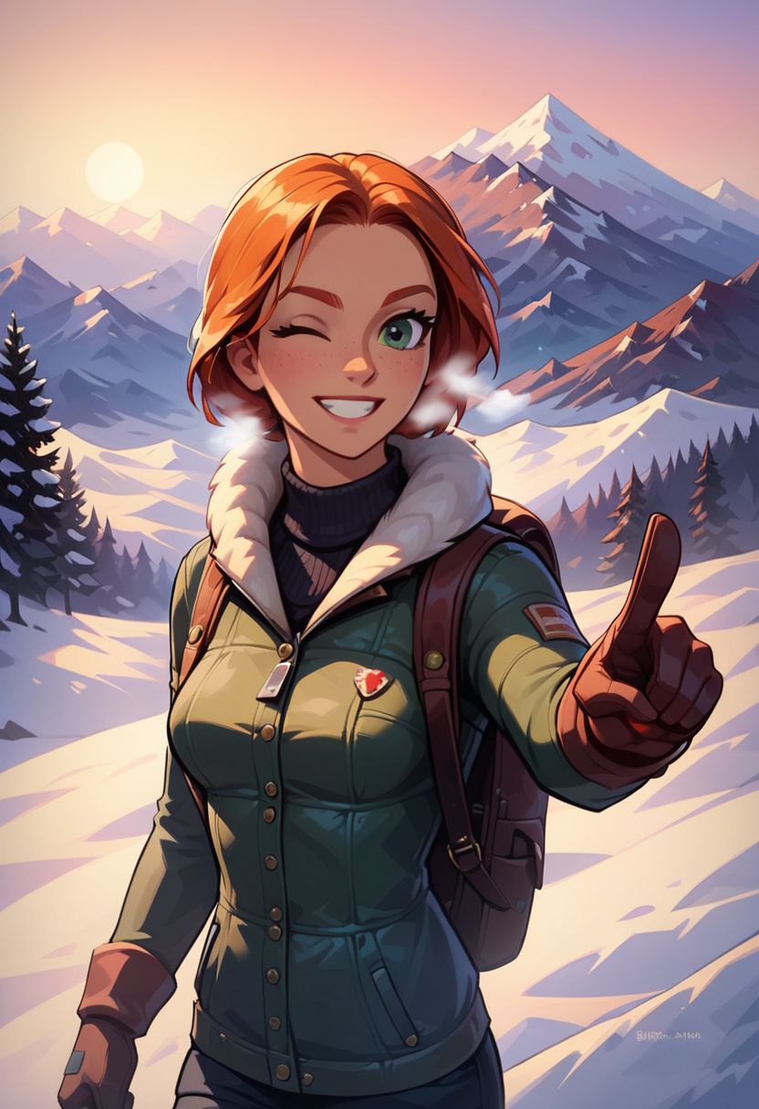 core_9, score_8_up, score_7_up, girl, ginger, medium breasts, skinny, winter clothing, breath, winter pant, fully clothed, expedition, walking, big touristic backpack, mountain pass scenery, pointing finger at the mountain, solo, close up, warm smile, wink, cowboy shot, green eyes, warm gloves