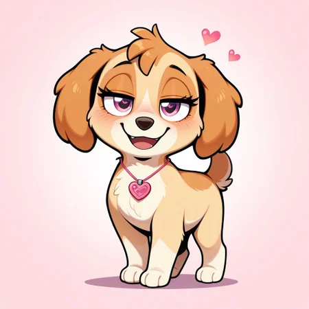 Skye, puppy, (((no neckwear except pink necklace))) BREAK playful, confident, cheeky, friendly, smug, adorable, loving, expressive eyes, standing, (((raising front right foot))), BREAK happy, female, standing, score_9, score_8, score_7, no humans, (((full body))), standing, solo, female, feral, hight definition, no neckwear except pink heart necklace, hyper detailed, best quality, amazing quality, 1girl, cute, cute smile, cute pose, 8k, masterpiece, eyelashes, (((half-open eyes))), slightly open mouth, smile, looking at viewer, sweety pose <lora:Furry_Enhancer Chroma V1:1>
