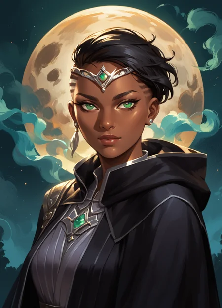 score_9, score_8_up, score_7_up, score_6_up, score_5_up,
1girl, solo, green eyes, dark-skinned female, dark skin, black hair, sidecut, circlet,
dark cloak, night, dark, hood,
abstract background, dynamic, masterpiece, best quality, sharp_details, game_cg
<lora:Vivien_Reid_-_Magic_the_Gathering:1>