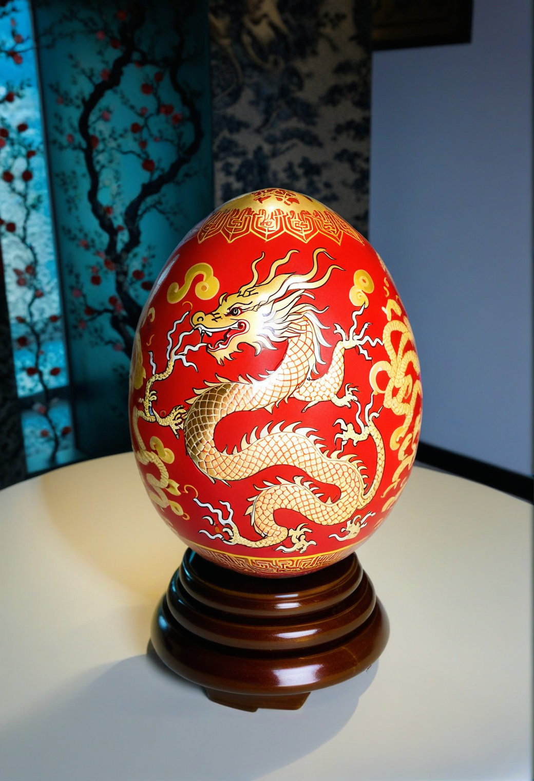 <lora:Sysdeep_EasterEgg:1>, sysdeep_easteregg, easter egg made of porcelain, hand-painted with traditional chinese dragon art, red and gold detailing, museum lighting