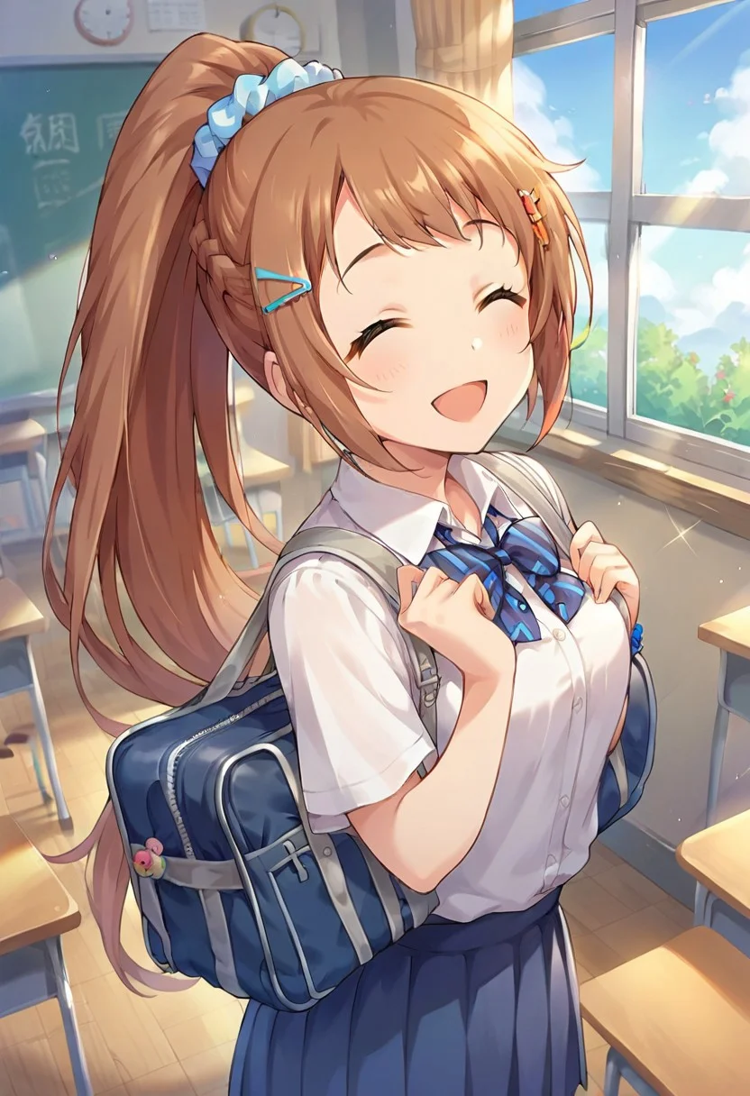 score_9, score_8_up, score_7_up, source_anime,wakabayashi tomoka, long hair, brown hair, ponytail, brown eyes, 1girl, hair ornament, solo, closed eyes, bag,classroom, school uniform, school bag, hairclip, open mouth, braid, scrunchie, smile