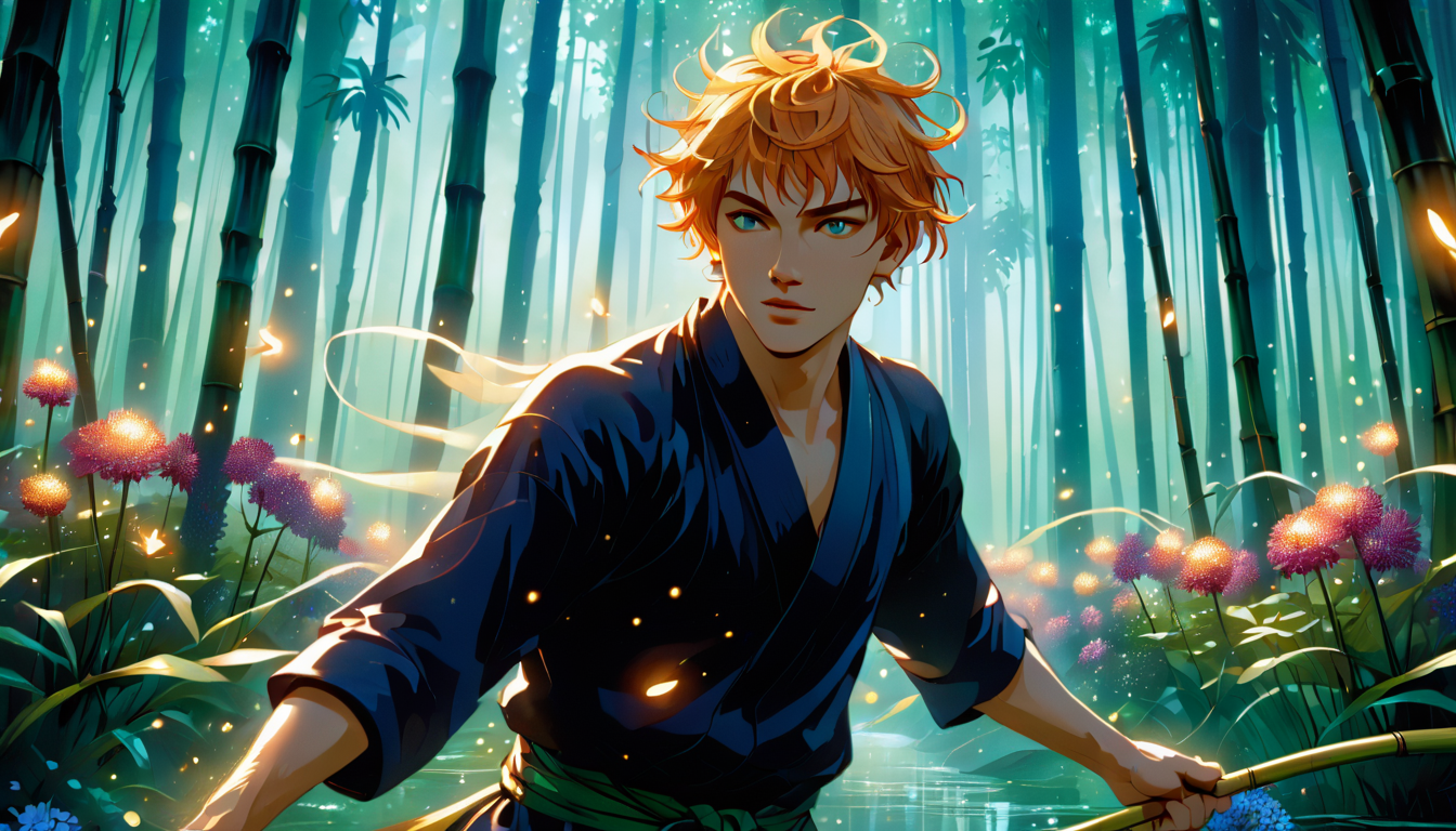 score_9, score_8_up, score_7_up, photorealism, raw photo, etheral, motion lines, glowing, 1boy, man, male focus, solo, adult male, a man who handles criticism with grace and uses it to grow, side part hair, ginger Shaved hair, jade eyes, candle light, bamboo forest temple, outdoors,  Scabiosa flowers,, close-up, banana boating  , arching back, deep colors, vivid, colorful, fairy tale aethestics, magic, fireflies, cinematic composition, volumetric clouds, volumetric lighting, volumetric fogs, volumetric dusk, lots of volumetric smoke
