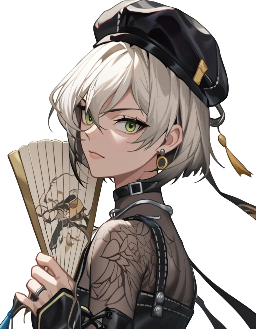 score_9,score_8_up,score_7_up,source_anime,
yubing, anotherstyle, 1girl, solo, green eyes, jewelry, white background, looking at viewer, short hair, hat, holding mask, mask, upper body,<lora:yubing_pony2:0.8>,<lora:Anime_Screencap:1>,anime screencap,