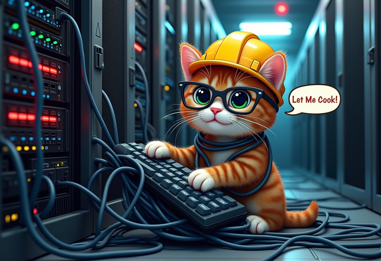 realistic picture of a cute kitty with security glasses and a yellow hard safety hat looking into the camera wrapped in network cables and a holding a large pc keyboard in his paws hitting a server rack, sitting atop a pile of wires plugged to servers and a mess of wires hanging in a web the emtire room, inside a datacenter server room with red, yellow and green led lights blinking in the server racks in the background and alert red light on the ceiling, a cartoon text bubble floating beside the kitty with the text "Let Me Cook!"