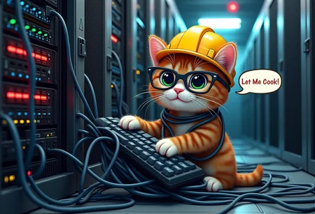 realistic picture of a cute kitty with security glasses and a yellow hard safety hat looking into the camera wrapped in network cables and a holding a large pc keyboard in his paws hitting a server rack, sitting atop a pile of wires plugged to servers and a mess of wires hanging in a web the emtire room, inside a datacenter server room with red, yellow and green led lights blinking in the server racks in the background and alert red light on the ceiling, a cartoon text bubble floating beside the kitty with the text "Let Me Cook!"