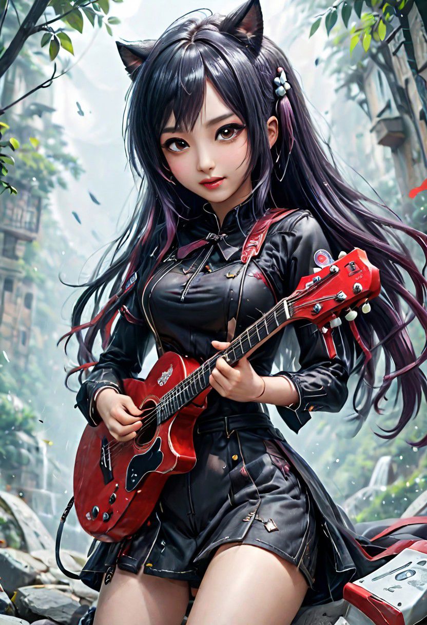 masterpiece, best quality, official art, extremely detailed CG unified 8k wallpaper, absurd, 8k resolution, exquisite facial features, perfect face, shiny skin, girl, (masterpiece), (best quality), (Super detailed), (Full body: 1.2), 1 girl, chibi, cute, smiling, open mouth, outdoors, playing guitar, music, holding guitar, scarf, bare one shoulder, gothic style, blushing ,,shirt,cherry blossoms,headwear,blush stickers,,bangs,earphones,,pink flowers,(beautiful and delicate face),(beautiful and delicate eyes),