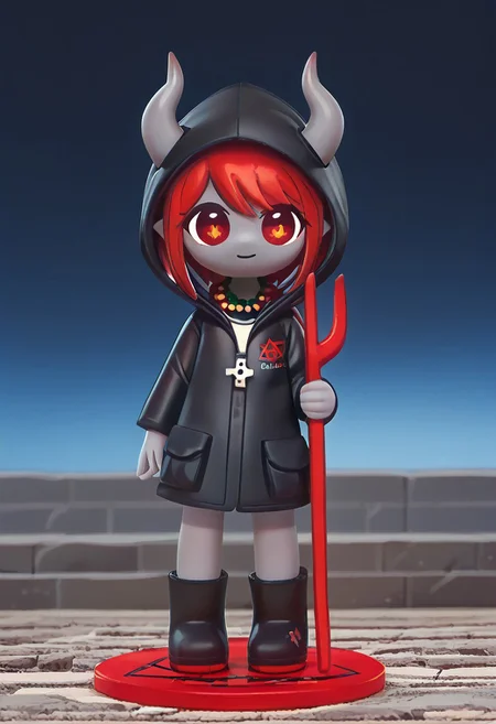 score_9, score_8_up, score_7_up, BREAK
highres, highly detailed, high resolution, high quality,
source_anime, anime screencap, saturation, vivid colors,
1girl, solo, luce, full body, standing, demon girl,
(dark red hair:1.2), (big dark red eyes:1.1), medium hair, cute, (grey skin:1.1), (horns:1.2),
(black raincoat:1.1), hood, black rubber boots,
pentagram necklace, holding one red trident, (red trident:1.2)
stkyswt,
In the style of TOK,
DSP, artist:DSP, mogeko,
pikaole,
blurry background, bokeh, city ruins background, street, dust,
(outlines:1.2),