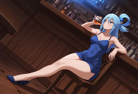 Score 9, Score 8, Score 7, Masterpiece, Superior Quality, Amazing Quality, Masterpiece, Maximum Quality, Ultra-detailed, Dynamic Angle, Dynamic Composition, Alone, White Frame, Maximum Contrast, Saturated Color, Bright Colors, Dynamic Lighting, alone, 20 years old, female body,
1 girl, Medium Shot, Full Body, Slim Body, 
Aqua_(Konosuba)
Inside a bar, tavern,
sitting at the bar, drinking liquor, blue dress, medium breasts, wide hips, slim,