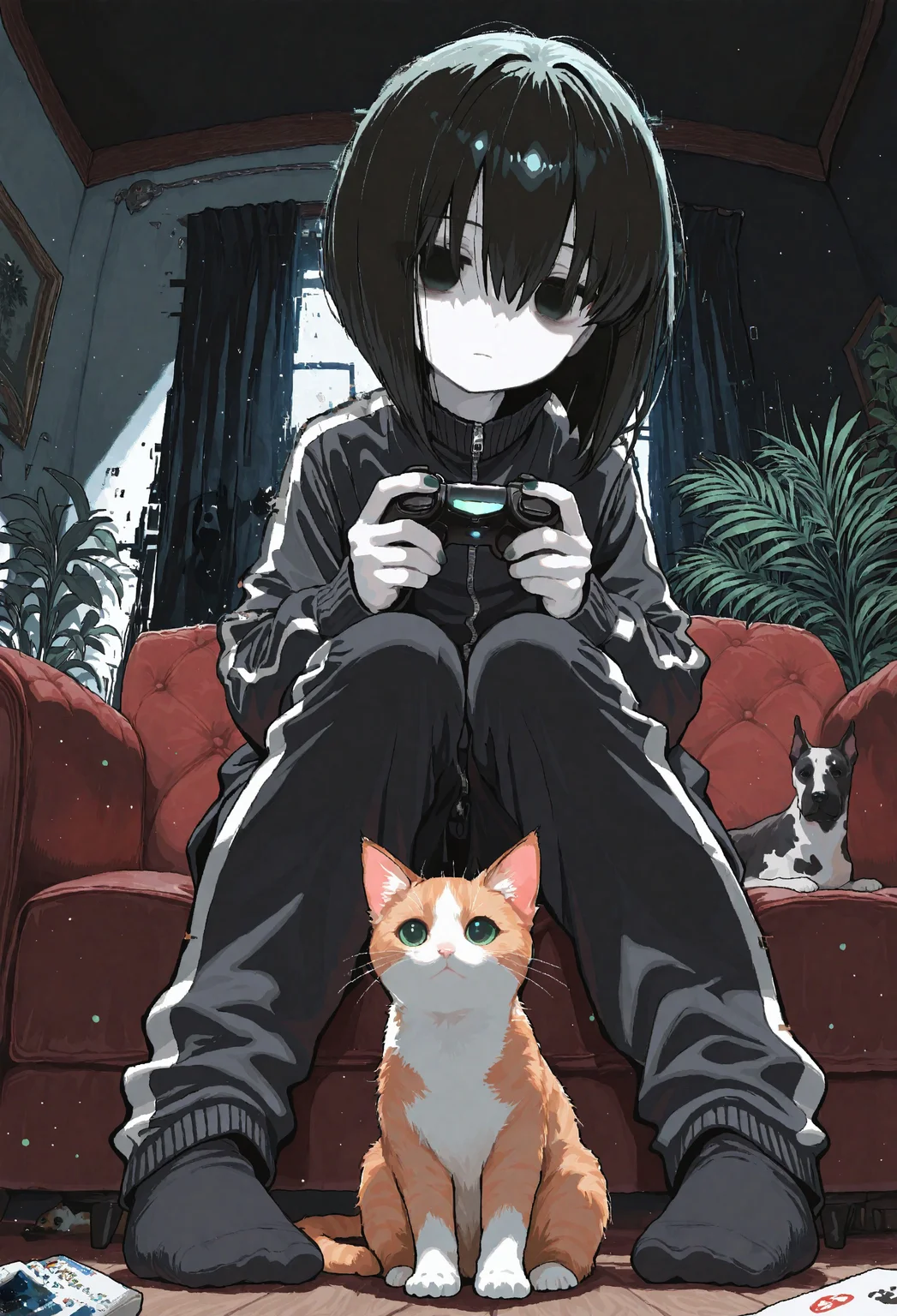 masterpiece, best quality, good quality, very awa, very aesthetic, absurdres, newest, 8k, HDR, focused subject, oc-chan_(ketopon), 1girl, solo, black hair, bob cut, hair between eyes, black eyes, solid eyes, expressionless, pale skin, black tack jacket, track pants, no shoes, socks, sitting, on couch, pigeon toed, leg support, holding, game controller, nail polish, modern interior, closed curtains, decorative plant, living room, from below, perspective, screen light, screen out of frame, low light, film grain, dark room, shadows, animal, ginger cat with green eyes, black dog, Great Dane, indoors, glitch, (glitch art), pixel art, fisheye, intricate, no lineart, no outline,15546+456868,mhh