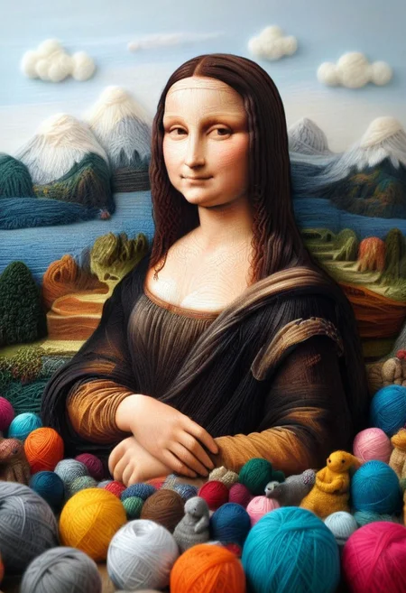 yrnwrld, made of yarn, high quality,masterpiece,absurdres,incredible composition,extremely detailed, Mona Lisa