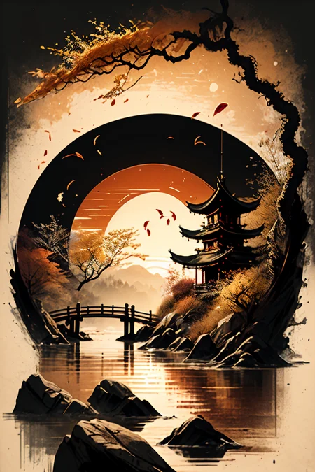 <lora:Calligraphy-ink-style-darquelilly-v1:1> calligraphyinkstyle, dawn, evening sky, autumn, volumetric lighting, sunset reflected in the water, black background, peaceful atmosphere, detail colour is rust red, an autumn cherry blossom tree with orange and yellow petals, orange petals on the ground, petals falling down