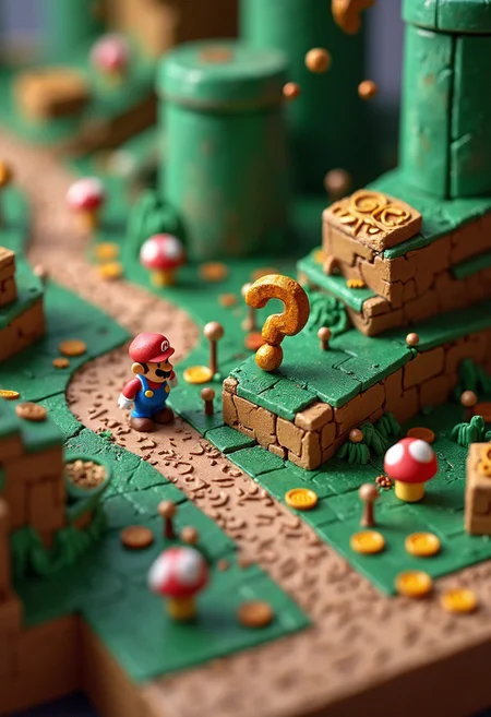 (Photorealistic quality, high-definition digital photography, 4K resolution, hyper-detailed textures)
A side-scrolling Mario game level meticulously crafted from polymer clay, capturing the classic 8-bit world in stunning three-dimensional detail. The ground is a series of carefully molded clay blocks mimicking pixelated textures, with iconic question blocks suspended in mid-air.
Mario stands at the level's start, intricately sculpted with his trademark red cap, blue overalls, and bushy mustache rendered with painstaking accuracy. Green pipes protrude from the ground, their surfaces perfectly cylindrical and vibrant.
Goomba enemies dot the landscape, their grumpy expressions and mushroom-like bodies faithfully recreated in miniature clay form. Golden coins float in precise arcs, catching light with a metallic sheen.
The classic game interface remains intact: blocky "MARIO" letters, score counter, coin count, and timer positioned in the traditional top corners. Each element is crafted from thin clay slices, maintaining the retro game's original composition.
The quality preserves the handcrafted charm, with clay's subtle imperfections adding warmth and nostalgia to the hyper-detailed image. The result blends modern photography with classic gaming aesthetics, creating a visually stunning reimagining of a beloved digital world.