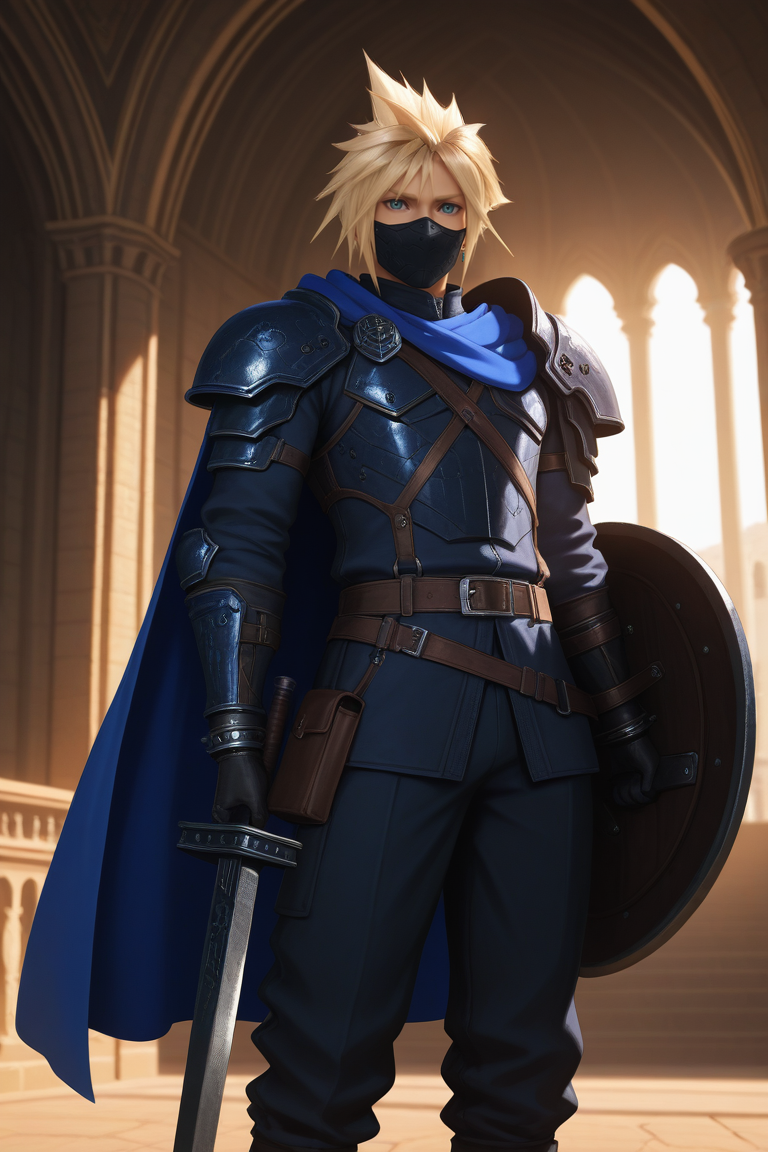 masterpiece, best quality,highres, absurdres,scenery, cinematic, intricate detail,realistic,1boy, solo, male focus , , ,<lora:cloud:0.89>, cloud strife,blonde hair,blue eyes,short hair,spiky hair, gloves, holding, jewelry, standing, weapon, earrings, black gloves, alternate costume, pants, indoors, belt, sword, holding weapon, cape, armor, shoulder pauldron,feet out of frame, mask, holding sword, blue cape,shoulder armor, shield, mouth mask, holding shield,outdoors,Colosseum