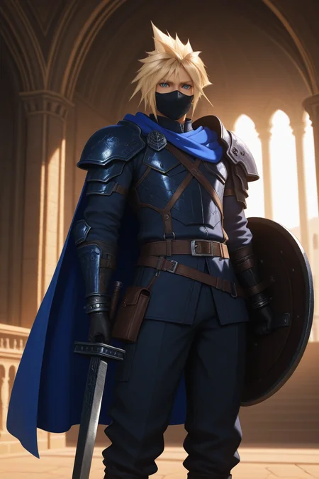 masterpiece, best quality,highres, absurdres,scenery, cinematic, intricate detail,realistic,1boy, solo, male focus , , ,<lora:cloud:0.89>, cloud strife,blonde hair,blue eyes,short hair,spiky hair, gloves, holding, jewelry, standing, weapon, earrings, black gloves, alternate costume, pants, indoors, belt, sword, holding weapon, cape, armor, shoulder pauldron,feet out of frame, mask, holding sword, blue cape,shoulder armor, shield, mouth mask, holding shield,outdoors,Colosseum