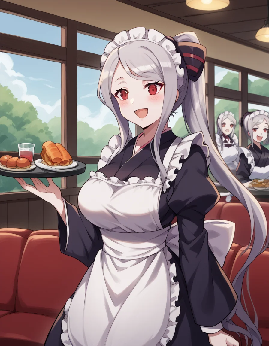 score_9, score_8_up, score_7_up, source_anime, <lora:shalltear-bloodfallen-s1s2-ponyxl-lora-nochekaiser:1>, shalltear, grey hair, long hair, red eyes, silver hair, large breasts,, <lora:wa-maid-ponyxl-lora-nochekaiser:1>, wa maid, maid, maid headdress, apron, white apron, frilled apron, maid apron, kimono, japanese clothes, frilled kimono, holding tray, tray, food,, indoors, restaurant, smile, blush, open mouth,,