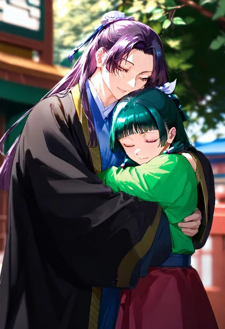 masterpiece, best quality, highres, 1boy jinshi, black robe hanfu, 1girl maomao, hair ribbon green chinese clothes red skirt <lora:jinmao_2:1> hug from behind