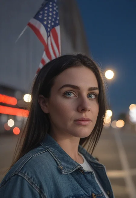 30yo woman holding an American flag.
Blue eyes. perfecteyes
Wearing Denim jacket trucker hat.
Long dark black slick back hair. No makeup. Dusk, Street light. Looking at camera POV. Slight smile, tilting head.. Tilt head.
Medium Close Up shot. Bokeh. Bokeh light.