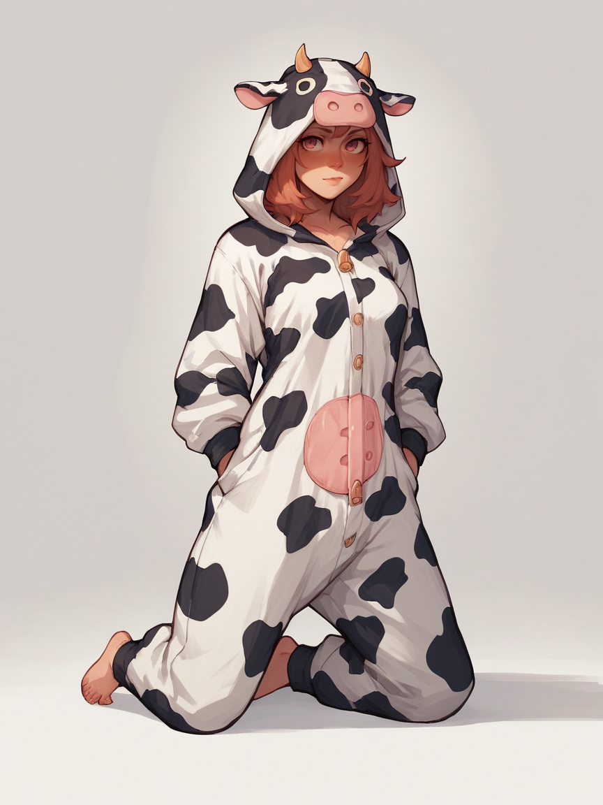 score_9, score_8_up, score_7_up, score_6_up, score_5_up,  <lora:CowonesieXLP:0.7> cow onesie, solo, cow print, animal costume, barefoot, 1girl, kneeling,