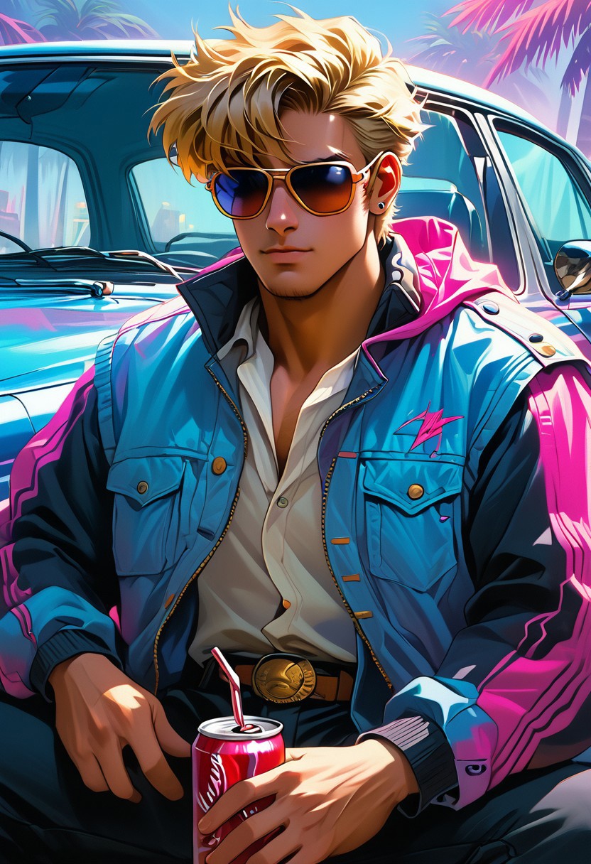 ((((Masterpiece)), (((Best Quality)), 1bara, mature, sunglasses, short hair, bouffant, blonde, letter jacket, slacks, linen button up shirt, leaning against the hood of car, blue corvette, vaporwave aesthetic, retro 1980s, sipping a can of soda, arthas warrior