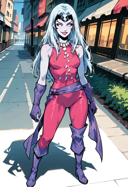 1girl, score_9, score_8_up, score_7_up, masterpiece, high quality, western cartoon, very detailed, full color picture, vibrant colors, solo, alone, 1girl,
oracle, pale blue skin, white hair, long hair, straight hair, bodysuit, full body, uneven boots, purple gloves, purple boots, purple sash, white decal on suit, suit1, white necklace, black headdress, makeup, lipstick, white eyes, sleeveless,
standing, facing forward, smiling, alien city, outdoors, street,