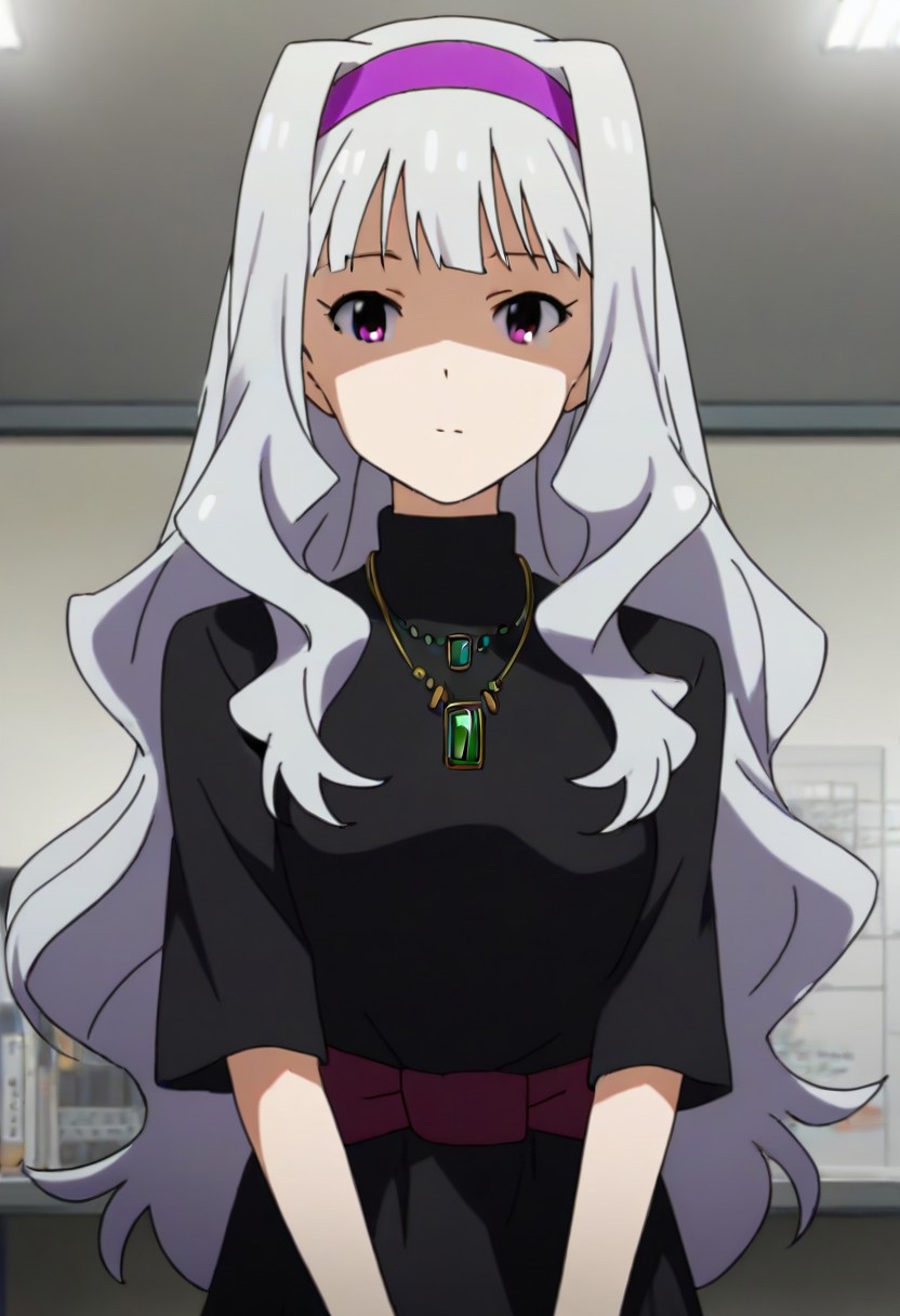 source_anime, uncensored, nsfw, <lora:Takane_Shijou_The_iDOLMSTER_2011_anime_art_style:.8>1girl, solo, grey hair, long hair, purple eyes, breasts, Takane black dress with green brooch outfit , purple hairband, jewelry, necklace, pendant, dress,