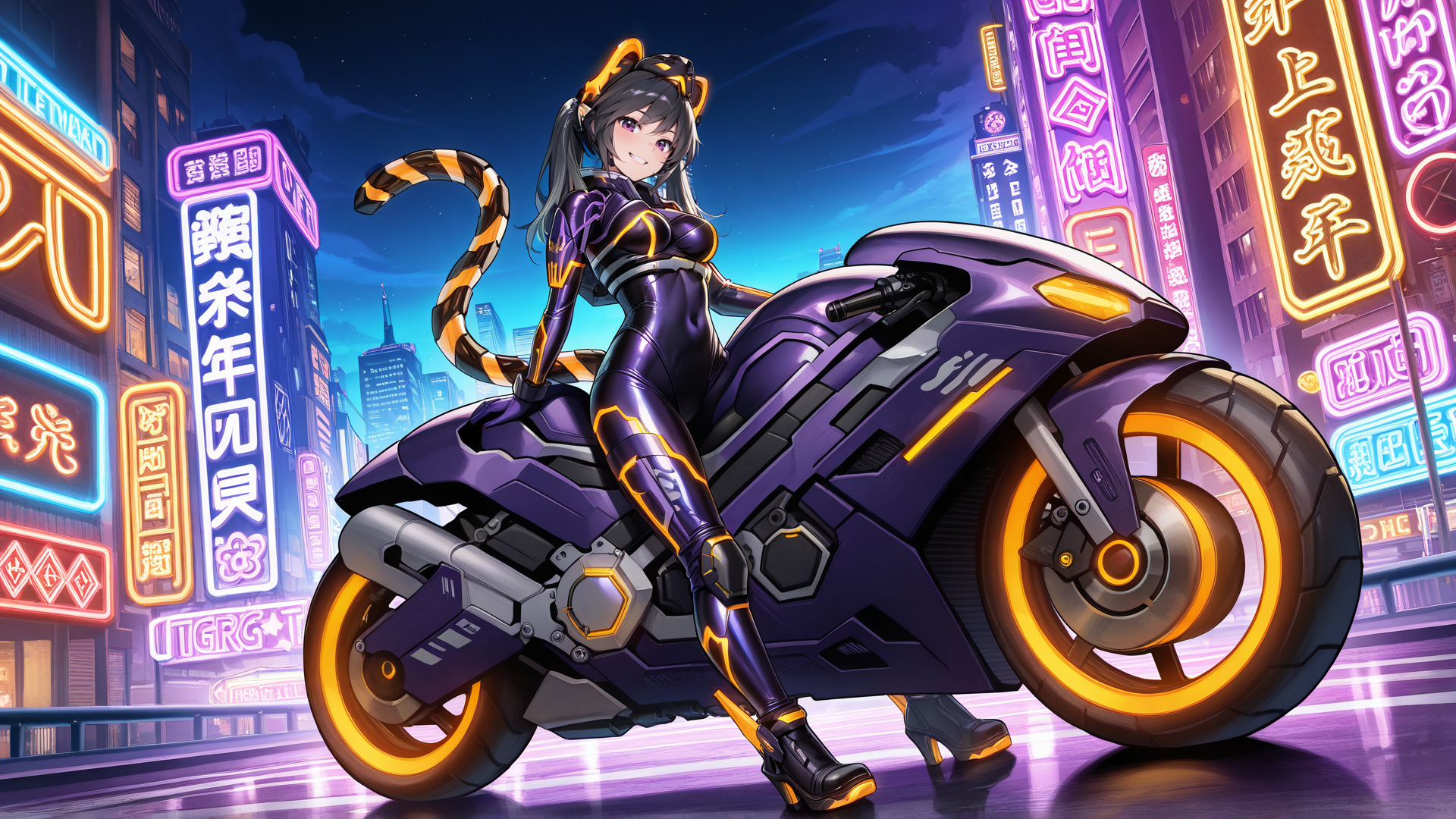 (high quality:1.1), detailed face, i:p_masquerena, alternate_outfit, 1girl, solo, long hair, looking at viewer, smile, black hair, twintails, gloves, animal ears, medium breasts, purple eyes, mechanical tail, full body, grey hair, grin, multicolored bodysuit, night, ground vehicle, skin tight, shiny clothes, city, purple bodysuit, tiger ears, tiger tail, purple motorcycle, city lights, year of the tiger, neon lights, on motorcycle, highway, neon trim, purple elbow gloves, two-tone headgear, black high heels, knee pads, tiger headgear <lora:ip_masquerena_final-05:1>