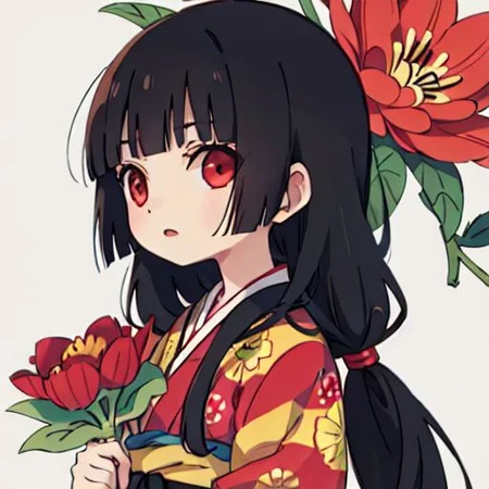 enma ai, hair down, hair black, bangs, eyes red, masterpiece, best quality, ultra-detailed, illustration, 1girl, solo, highres, photorealistic, ultra high res, (Original illustration composition), (fusion of limited color,Maximalism artstyle, kimono obi fashion, double exposure, background, illustration, Amazing, lily spider, night darkness, open one's mouth, finger, bouquet flowers red, low twintails, (polychromatic peony:1.15), Movie poster,