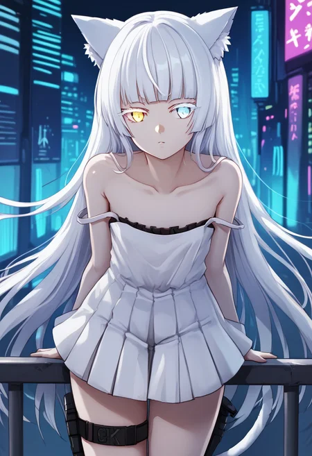 1girl, solo, highres, Nekoya_AWP, colored eyelashes, blue eyes, very long hair, bangs, white hair, heterochromia, yellow eyes, cat ears, animal ear fluff, strap slip, cat tail, white dress, bare shoulders, pleated dress, collarbone, cyberpunk, science fiction, neon light, city, street, looking at viewer, cowboy shot, close-up, arms behind back, leaning forward, staring