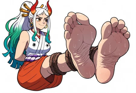 <lora:yamato_OP_XL_v1:1>   score_9,score_8_up,score_7_up,score_6_up, yamato \(one piece\), 1girl, solo, japanese clothes, multicolored hair, jewelry, earrings, sleeveless kimono, red gress, hair ornament, kimono, curled horns, long hair, oni, full body, smile, rope, breasts, hair stick, sleeveless, shimenawa, white background, closed mouth, hoop earrings, bare shoulders, simple background, ponytail, foot, sole, barefoot, wrinkled soles, wrinkly soles, stocker, hands behind back, wet, smiling, sly smile,
