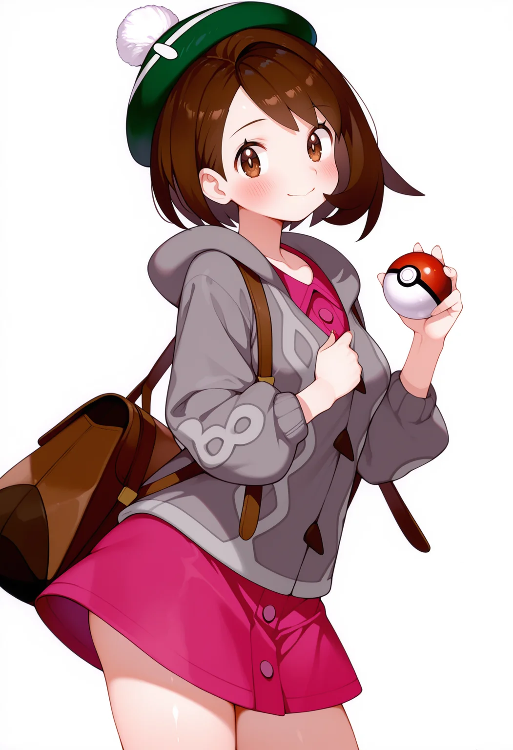 (best quality , masterpiece, good quality), very aesthetic, absurdres, 1girl, solo, gloria \(pokemon\), hat, brown hair, short hair, brown eyes, pink dress, grey cardigan, poke ball, holding poke ball, gaoustyle, <lora:gaoustyle_ilxl:1>,