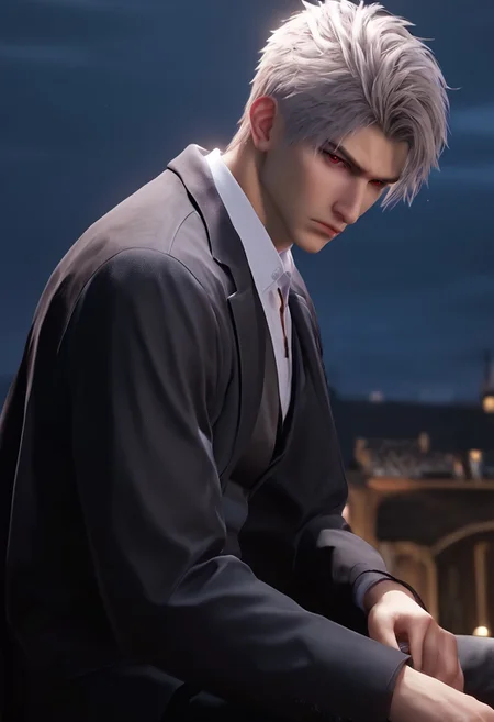 1boy, solo, male focus, toned male, Sylus_(Love_and_Deepspace), Sylus, Qinche, White hair, Red eyes, pale skin, detailed eyes, satisfaction, satisfied, neutral, sad looking,
dark theme, night, intense shadow, intimidating, chest close to viewer, dark light, no light, dark out, shadow,
(black coat over shoulder:1.1), white collar shirt, black vest, white collar shirt button, socks, wearing a tie, black pants, sweaty hair, long sleeves, modest clothing, looking at viewer, from side view,
sitting, front view, seductive, romantic
rating PG, score_9,score_8_up,score_7_up, source_anime, male focus, Muscular, big thigh, big thigh, big chest, hung, manly, tall, detailed eyebrow, sharp eyebrows, focus on thigh, hairy thigh, thigh focus, random view