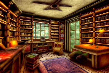 a fantasy bedroom that is also the owner's personal library with books everywhere
FanStu