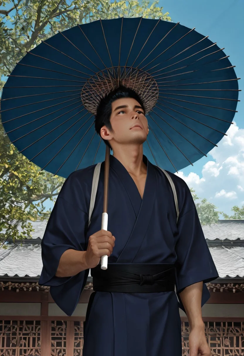 masterpiece, best quality, amazing quality, absurdres, newest, detailed background, definition so sharp, Ultra-HD, 8K cinematic, very awa, impressionate, amazing quality, highres, realistic, 
solo, male focus, manly, day, sunbeam, garden sakura tree, blue sky, cloud, chinese architecture,
kiryuchan, kiryuchan_black hair, kiryuchan_black eyes, 1boy, solo, male focus, short hair, facial hair, sideburns, blue kimono, black sash, white tasuki, holding umbrella, oil-paper umbrella, looking up, windy