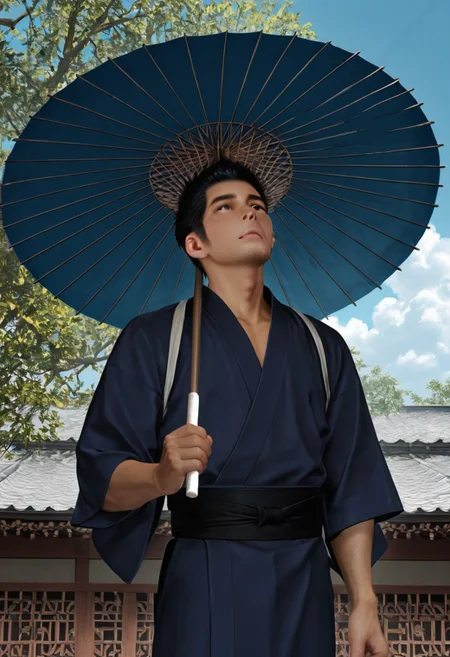 masterpiece, best quality, amazing quality, absurdres, newest, detailed background, definition so sharp, Ultra-HD, 8K cinematic, very awa, impressionate, amazing quality, highres, realistic,
solo, male focus, manly, day, sunbeam, garden sakura tree, blue sky, cloud, chinese architecture,
kiryuchan, kiryuchan_black hair, kiryuchan_black eyes, 1boy, solo, male focus, short hair, facial hair, sideburns, blue kimono, black sash, white tasuki, holding umbrella, oil-paper umbrella, looking up, windy