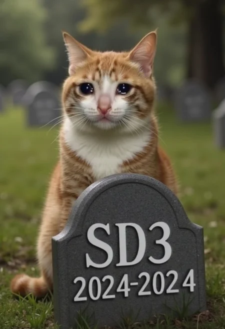 realistic photo of crying cat at a funeral, gravestone that says "SD3 2024-2024"