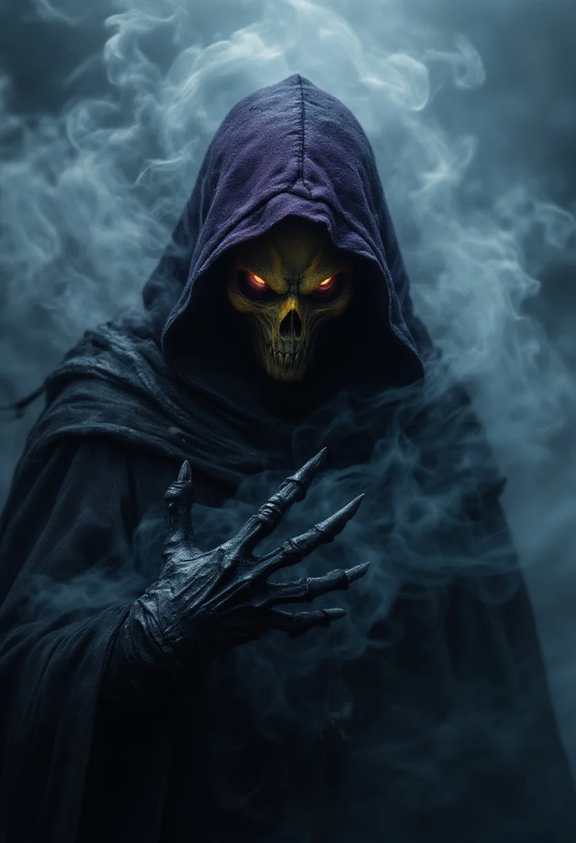 horror show, monster, nightmare, fear, Cinematic style
"A dark, hooded figure stands in the midst of thick fog. The creature's eyes glow with hellish fire, as if the darkness itself is pouring through them. Its face is covered in shadow, but from beneath the dark purple hood, a vicious yellow skull can be seen, twisted with malice. A clawed hand reaches forward, as if calling or cursing. Magical energy swirls around it, like smoke, poisoning the air with an ominous aura. This creature is an embodiment of horror, a creature of deep nightmares, guarding the secrets of an ancient curse."