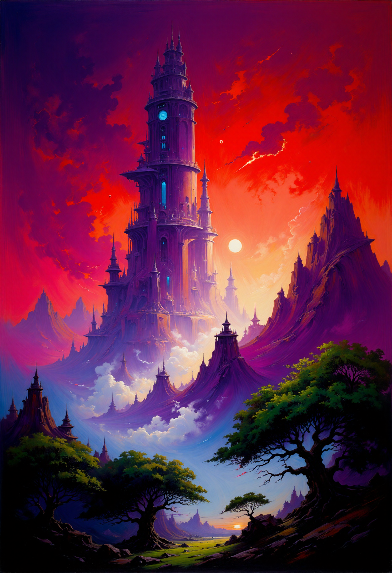 expressive painting of a fantastical, futuristic cityscape. The scene is set in a surreal, otherworldly environment with a vibrant, gradient sky transitioning from deep purples and blues at the top to warm oranges and pinks near the horizon, suggesting a dramatic sunset or sunrise. The sky is filled with numerous meteors streaking downwards, adding to the fantastical atmosphere. A colossal, towering structure resembling a giant spaceship or megastructure dominates the center of the image. This structure, covered in intricate, glowing blue and white lights, is surrounded by a swirling vortex of mist or clouds. The structure's base is embedded in a mountainous landscape, with smaller, jagged peaks and valleys stretching out beneath it. In the foreground, lush, green trees with gnarled, ancient trunks and dense foliage are visible, adding a touch of natural contrast to the futuristic elements.
Bright Red hue and Pastel Orange tint, rough, visible brushstrokes, impasto, highly detailed, vibrant color palette, atmospheric haze, highly dramatic lighting.
<lora:articp01_epoch_13:1>