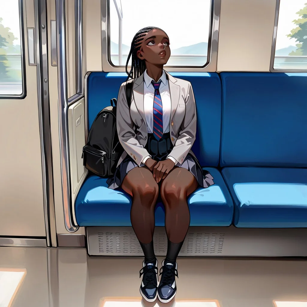 (masterpiece, best quality, high quality,newest, very awa, realistic, ultra detailed), hyperrealistic, (UHD quality details), ebony_girl, (very dark skin), thicc, 1girl, cornrows, petite, cute face, looking up, lips parted, sitting, bus interior, dark-skinned female, medium breasts, white buttoned shirt, striped necktie, black pleated skirt, grey blazer, black laceup shoes, black knee socks, backpack, , depth of field, 8k uhd, absurd res, volumetric lighting, beautiful composition, intricate detail, professional illustration