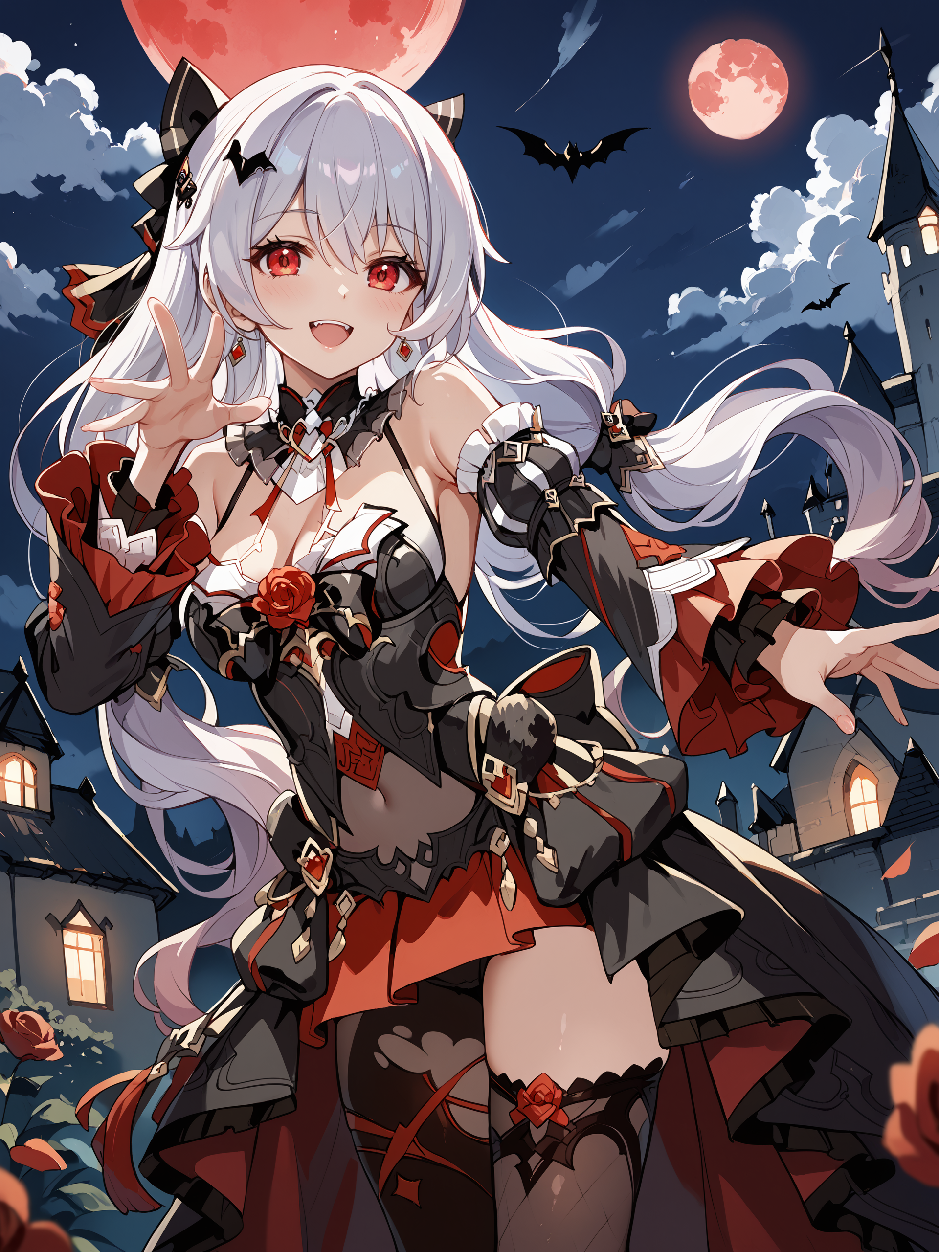 score_9, score_8_up, score_7_up, source_anime, 1girl, theresa apocalypse, sleeveless gown, detached sleeves, hair ornament, hair bow, asymmetrical legwear, detached collar, (beckoning, reaching, blush, happy), night sky, cowboy shot, red moon, cloud, castle, outdoors, bat \(animal\), depth of field  <lora:Char-Honkai-Theresa-Pony-V1:0.9>