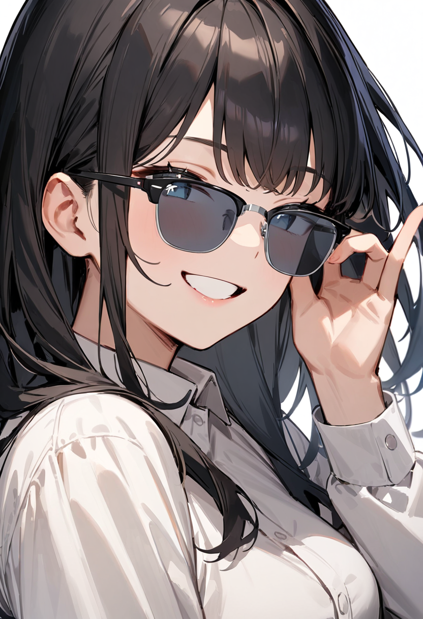 masterpiece, best quality, very aesthetic, absurdres,
1girl, solo, black hair, long hair,
sirmont, sunglasses, grey-tinted eyewear, black-framed eyewear, grey-framed eyewear, two-tone eyewear,
collared shirt, happy, smile, looking at viewer, adjusting eyewear, white background, simple background,
 <lora:sunglasses_CLUBMASTER_SDXL_V1:1>