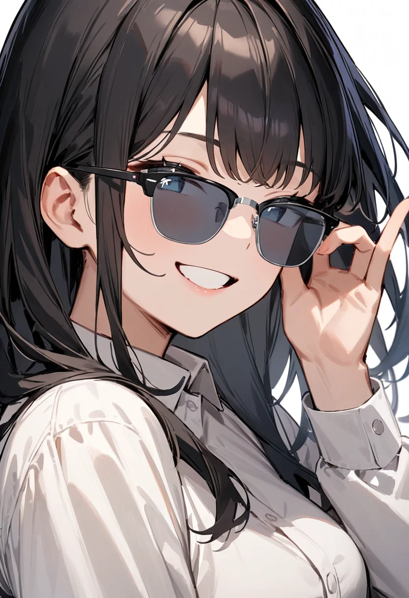 masterpiece, best quality, very aesthetic, absurdres,
1girl, solo, black hair, long hair,
sirmont, sunglasses, grey-tinted eyewear, black-framed eyewear, grey-framed eyewear, two-tone eyewear,
collared shirt, happy, smile, looking at viewer, adjusting eyewear, white background, simple background,
<lora:sunglasses_CLUBMASTER_SDXL_V1:1>